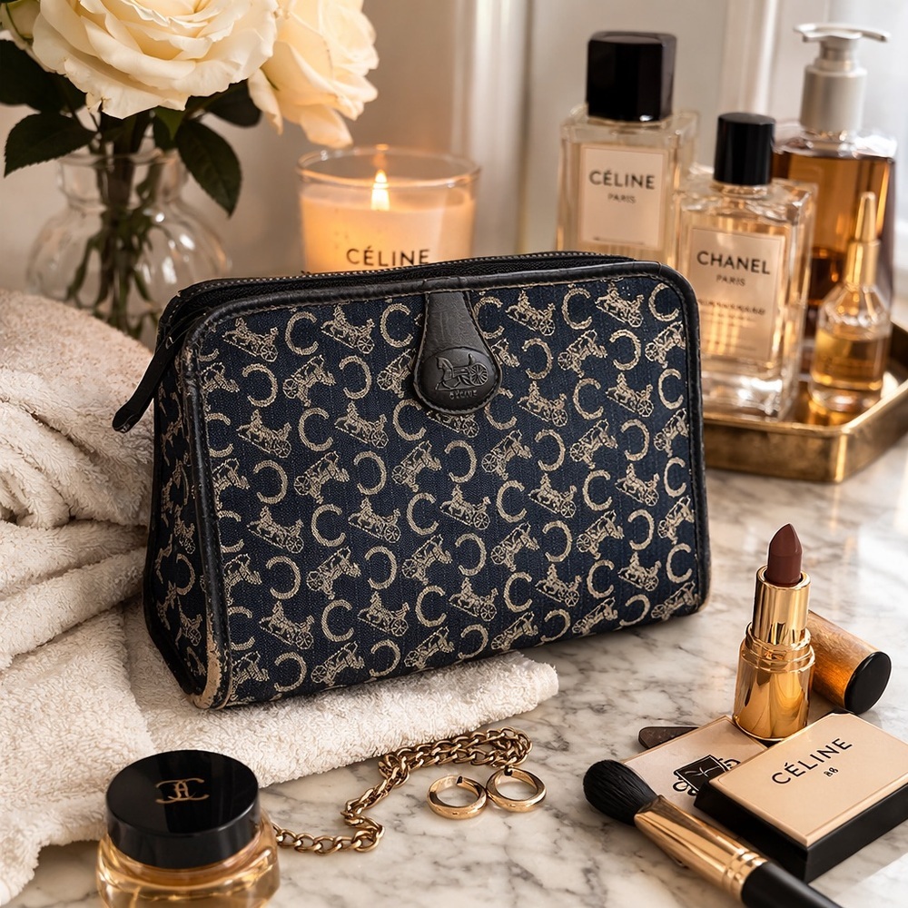 Vintage Celine Navy Macadam Toiletry Bag COA Horse Carriage Old Money Luxury - Picture 2 of 13